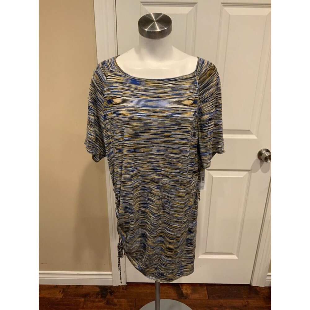 BCBG Max Azria Blue, Yellow, Gray & Black Striped Dress W/ Side Cinch, Size S